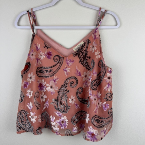 PEACH LOVE CALIFORNIA Cropped String Pink Tank Top Boho Floral / Size Large - Picture 2 of 13